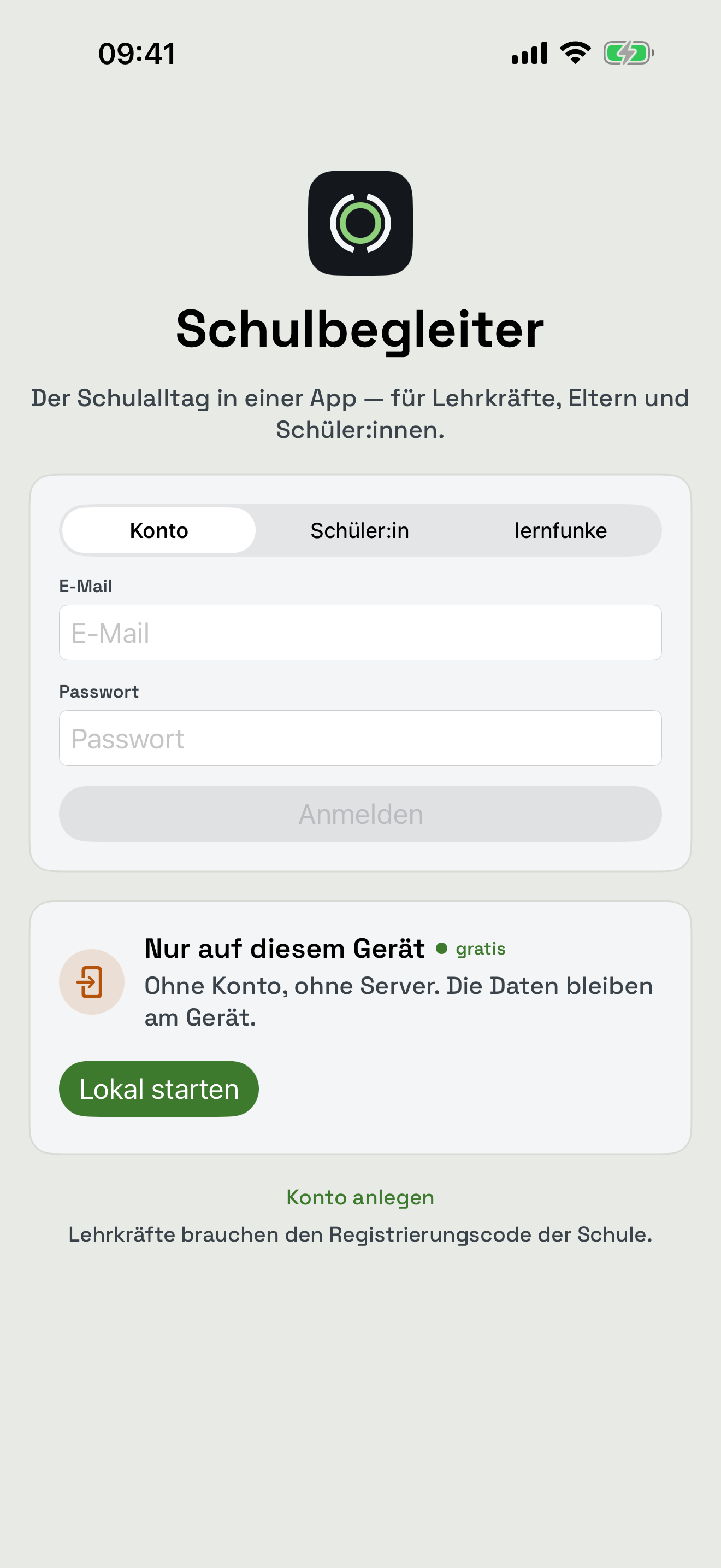 Anmeldung: Konto, Schüler:in-Login oder lokal ohne Konto starten