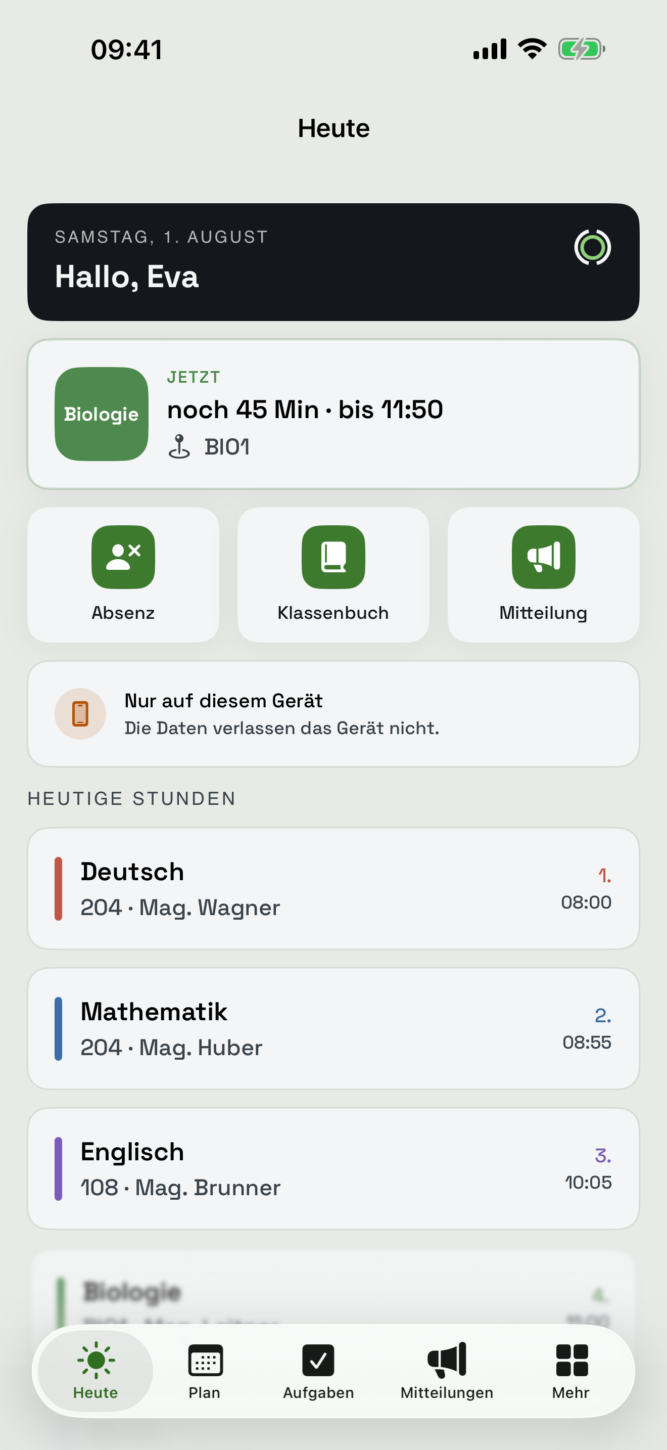 Heute-Ansicht der school-App: Datum, Begrüßung, nächste Stunde, Schnellzugriffe und heutiger Stundenplan