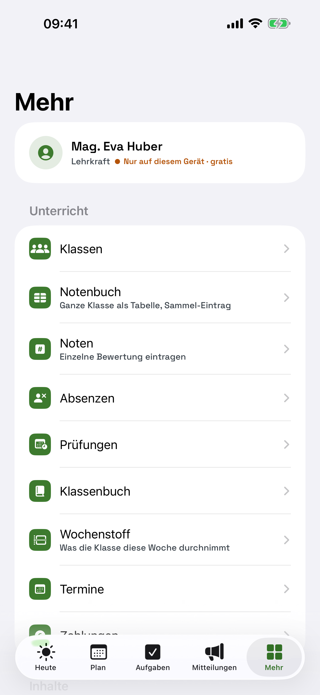 Mehr-Menü mit allen Bereichen